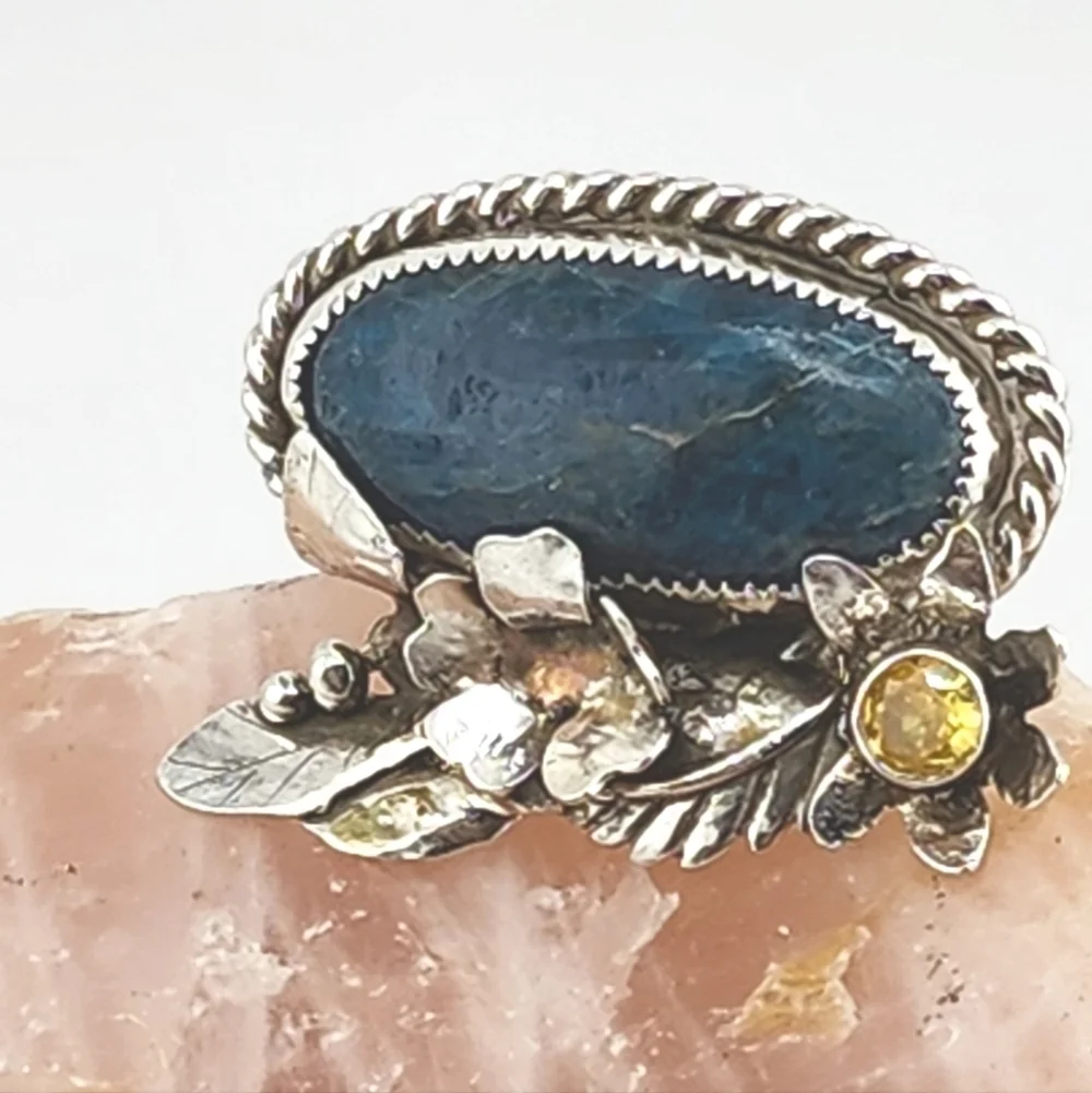 BLUE APATITE & CITRINE FLORAL RING HANDMADE IN RECYCLE STERLING SILVER SZ 8